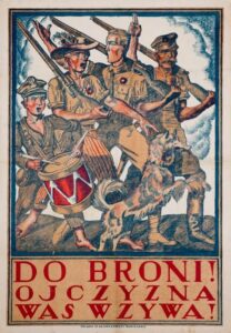 DO BRONI! OJCZYZNA WAS WZYWA!, Warszawa, 1920, autor plakatu: Zygmunt Kamiński, Lit. Art. W. Główczewski, lit. barwna, sygnowany l. d.: Z. K.